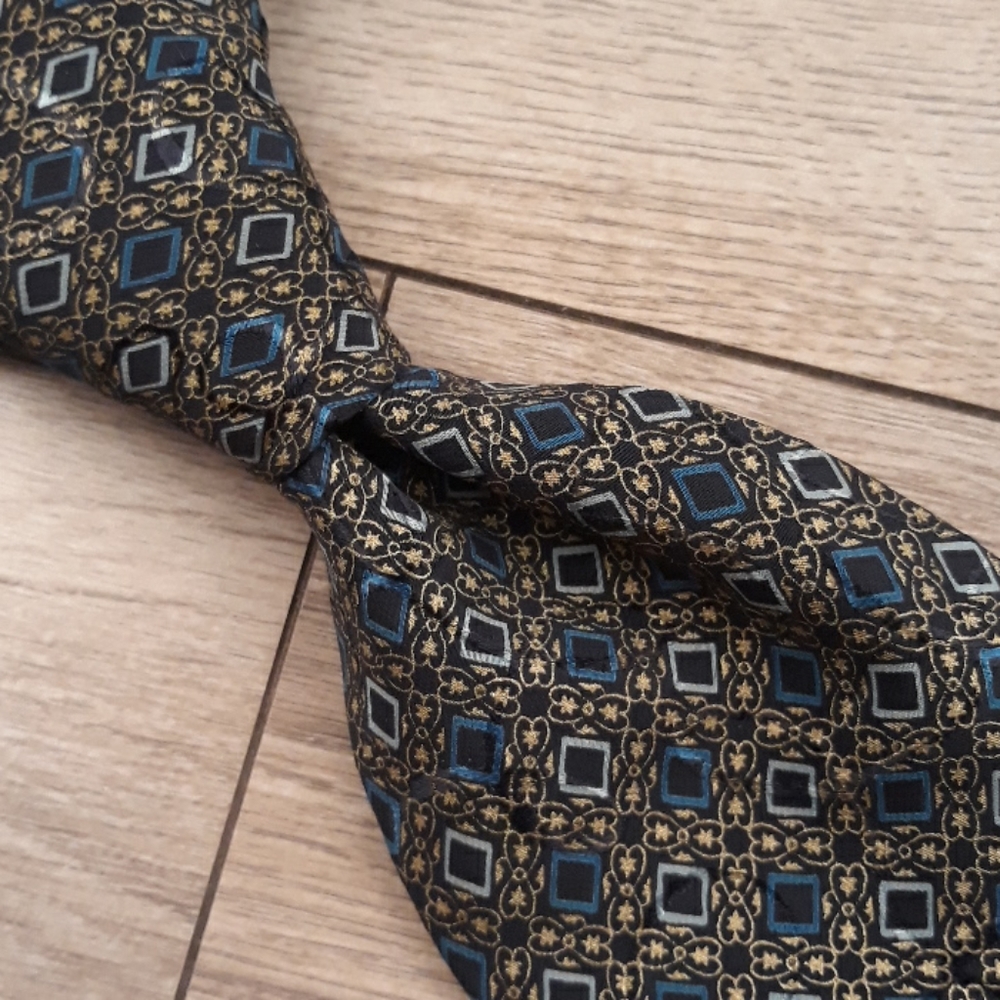 SANTOSTEFANO‎ Blue Black Bronze Diamond Pattern Vintage Mens Silk Tie